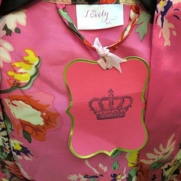 New Ms Lovely Hot Pink Floral Satin Kimono Robe M/L Knee Length Pockets Belted - Picture 9 of 16